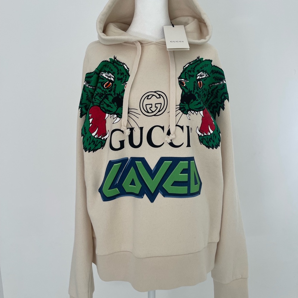 Unisex Gucci Tiger Loved Print Beige Hoodie Sweatshirt
